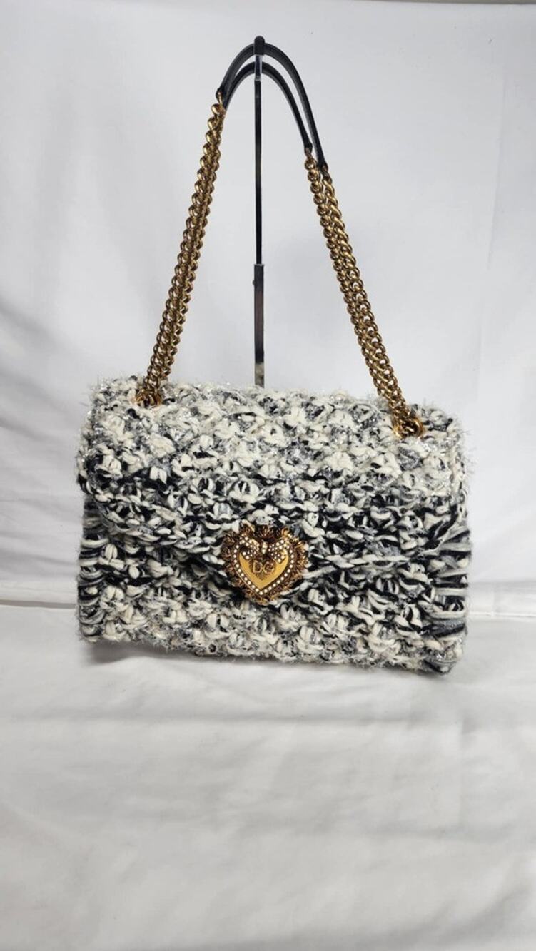 Dolce & Gabbana Large Knit Devotion Shoulder Bag Black/White/Grey SPBJKI 342331